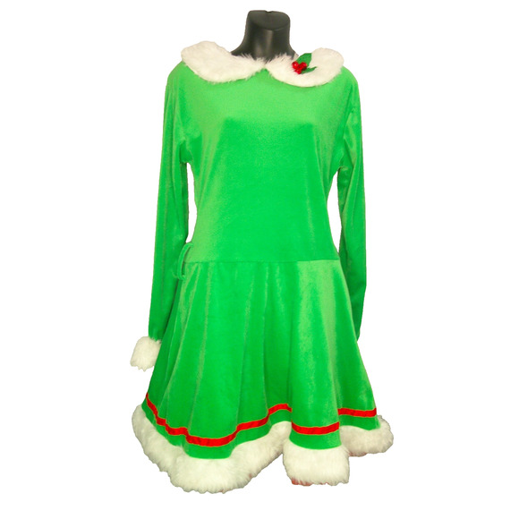 Holiday Green Velvet Elf Dress with Faux Fur – The North Pole- Women's S/M - Picture 1 of 10